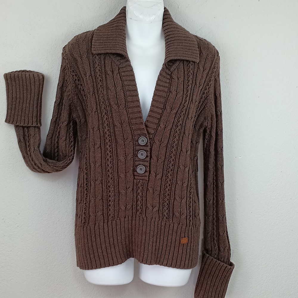 DKNY Womens Chocolate V-Neck Cable Knit Long Sleeve Sweater sz M Y2k Preppy